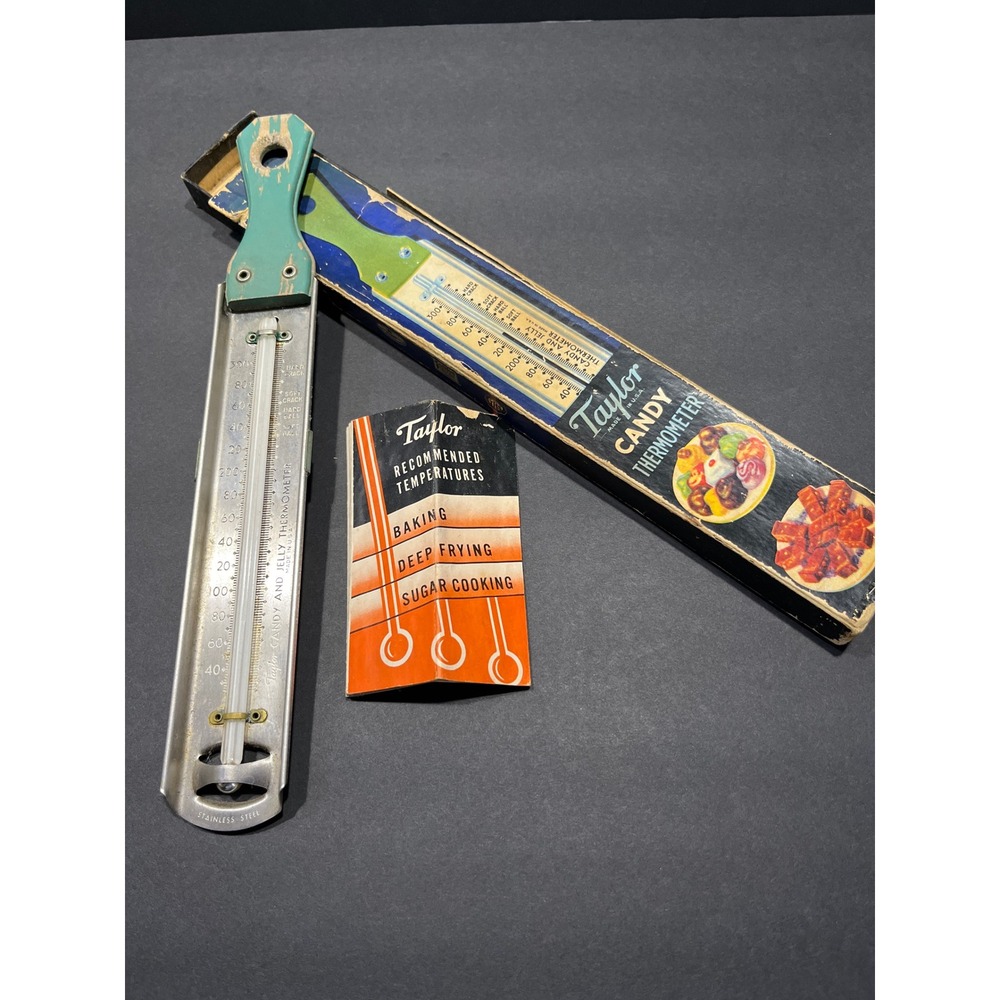 Vintage Taylor Candy and Jelly Thermometer No 5908 Stainless Steel USA Teal Box